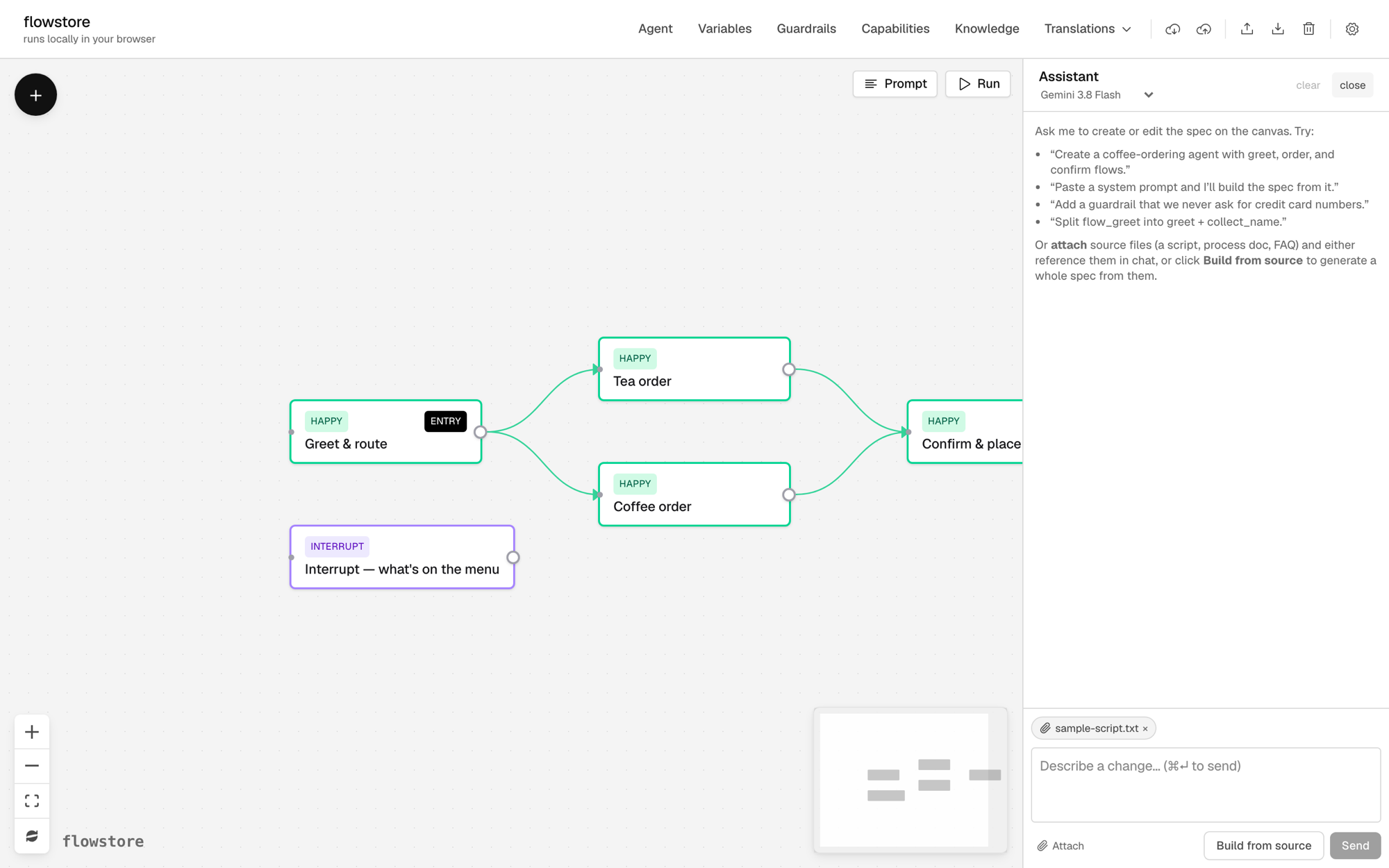 The Assistant panel with a call script attached and the Build from source button.