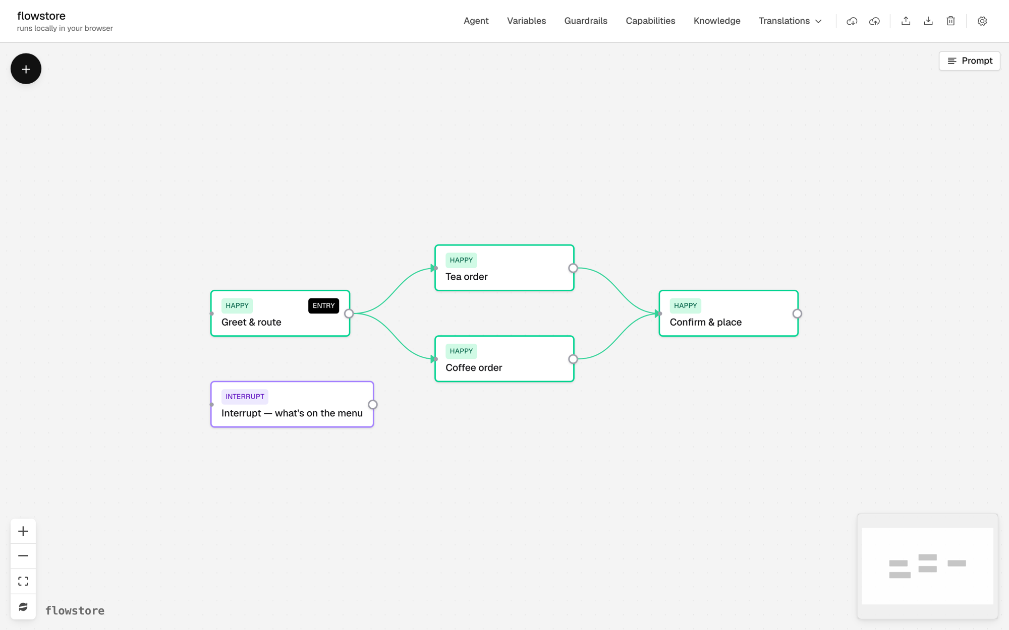 The coffee example on the canvas: Greet & route leads to Coffee order and Tea order, which both lead to Confirm & place, with a purple menu interrupt below.