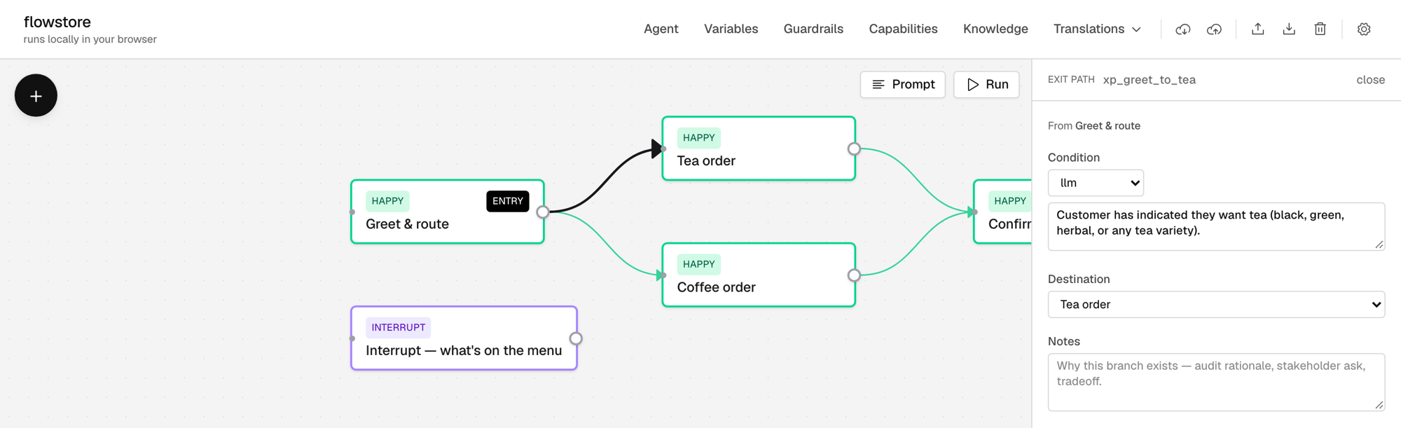 The exit path from Greet & route to Tea order: a plain-language condition and the destination Tea order.