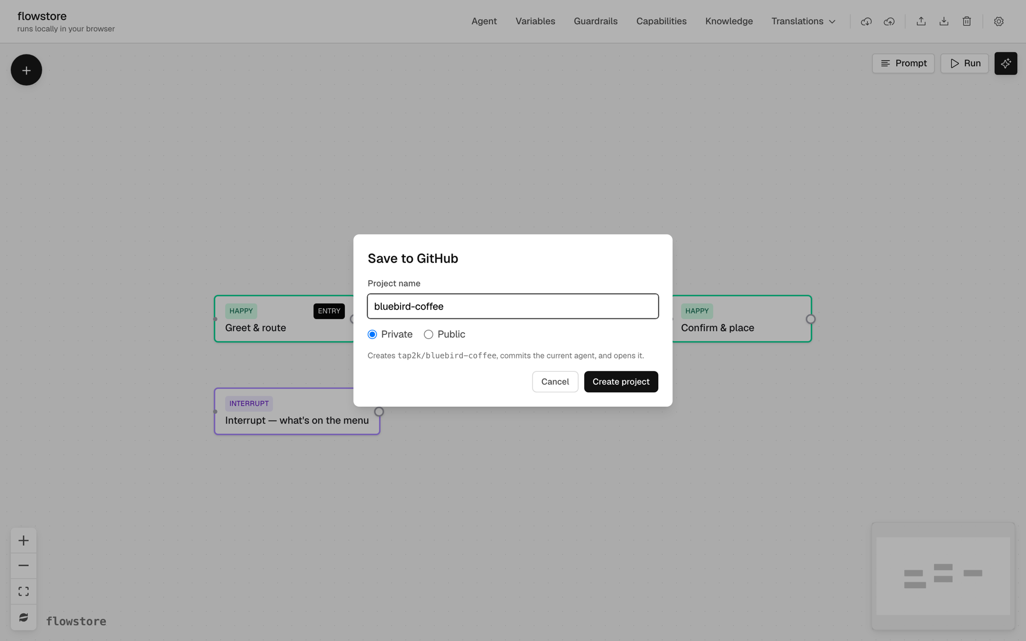 The Save to GitHub dialog with a project name, Private selected, and Create project.