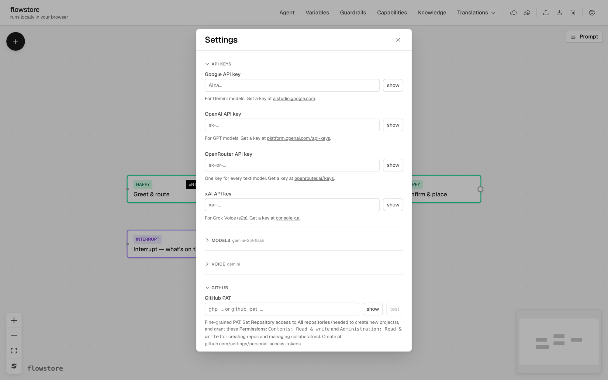 The Settings dialog with fields for Google, OpenAI, OpenRouter and xAI keys.